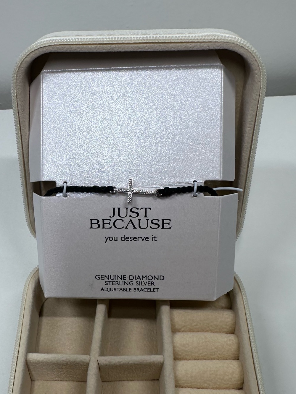 Just Because Sterling Silver Diamond Cross Bracelet - Black Cord